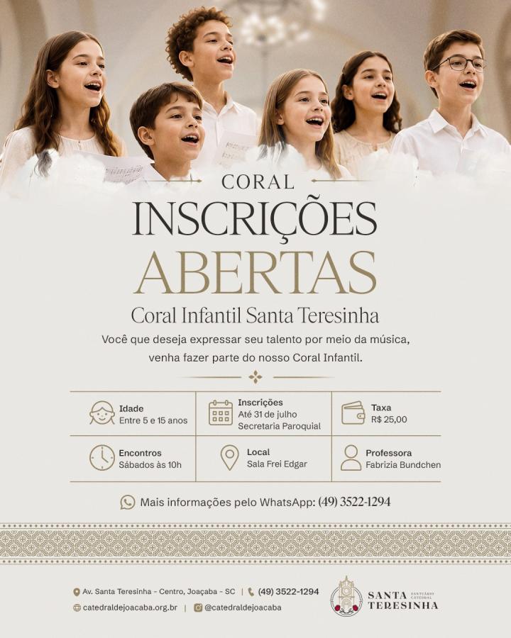 Santuário Catedral Santa Teresinha abre inscrições para o Coral Infantil Santa Teresinha